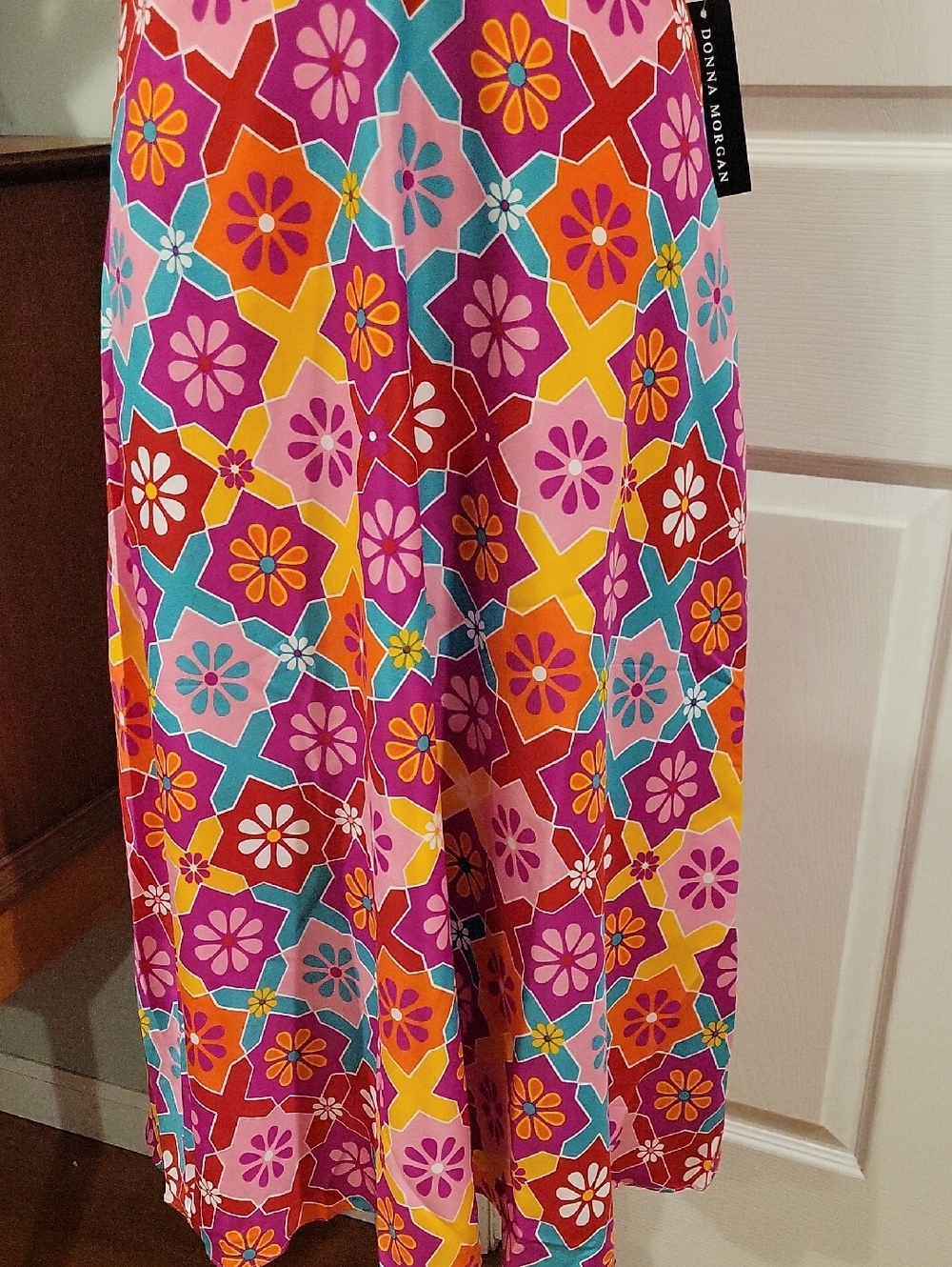 Donna Morgan Multicolor Floral Geo Midi Dress in Pink, Orange, Teal & Purple - Picture 6 of 14
